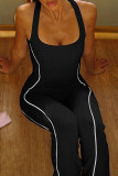 Black Casual Patchwork Backless Contrast U Neck Skinny Jumpsuits