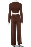 Brown Casual Patchwork Zipper Contrast Zipper Collar Long Sleeve Two Pieces