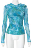 Blue Casual Print Patchwork Ruched O Neck Tops