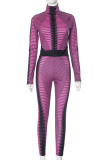 Purple Casual Stripe Patchwork Zipper Zipper Collar Long Sleeve Two Pieces