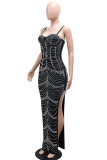 Black Sexy Patchwork High Slit Hot Drill Spaghetti Strap Sling Dresses