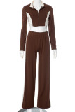 Brown Casual Patchwork Zipper Contrast Zipper Collar Long Sleeve Two Pieces