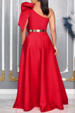 Red Elegant Solid Color Patchwork With Belt Bow Decor Oblique Collar Evening Dresses