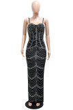 Black Sexy Patchwork High Slit Hot Drill Spaghetti Strap Sling Dresses