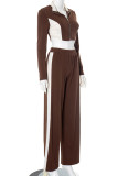 Brown Casual Patchwork Zipper Contrast Zipper Collar Long Sleeve Two Pieces