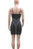 Black Sexy Patchwork Backless Hot Drill Spaghetti Strap Sling Dresses