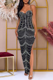Black Sexy Patchwork High Slit Hot Drill Spaghetti Strap Sling Dresses