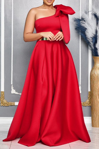 Red Elegant Solid Color Patchwork With Belt Bow Decor Oblique Collar Evening Dresses
