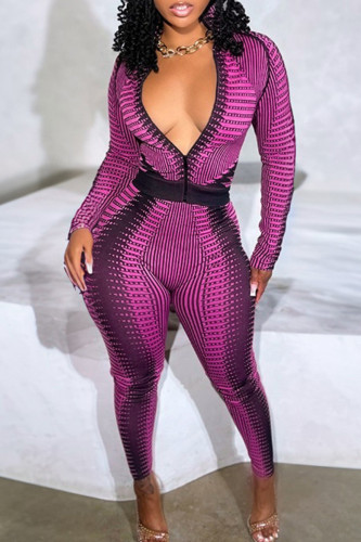 Purple Casual Stripe Patchwork Zipper Zipper Collar Long Sleeve Two Pieces