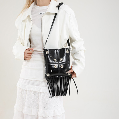 Black Daily Solid Color Fringed Trim Rivets Bags