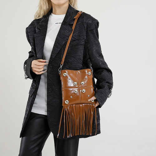 Brown Daily Solid Color Fringed Trim Rivets Bags