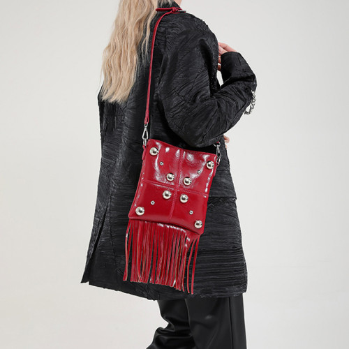 Red Daily Solid Color Fringed Trim Rivets Bags
