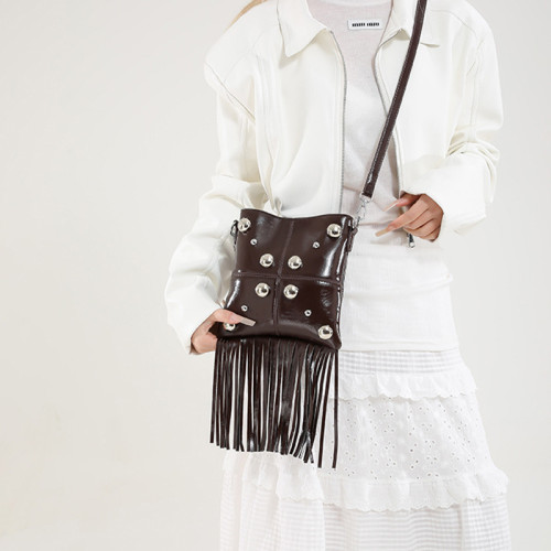Coffee Daily Solid Color Fringed Trim Rivets Bags