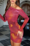 Red Casual Print Patchwork Oblique Collar Wrapped Skirt Dresses