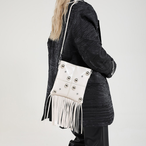 White Daily Solid Color Fringed Trim Rivets Bags