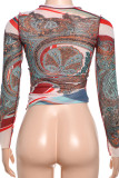 Brown Casual Print Patchwork O Neck Tops