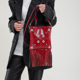 Black Daily Solid Color Fringed Trim Rivets Bags
