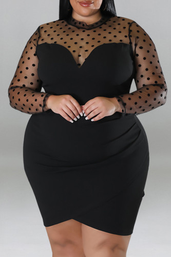 Black Casual Polka Dot Patchwork See-Through Zipper O Neck Wrapped Skirt Plus Size Dresses