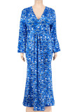 Black Casual Print Patchwork V Neck Long Plus Size Dresses