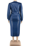 Royal Blue Casual Solid Color Patchwork Strap Design V Neck Plus Size Two Pieces
