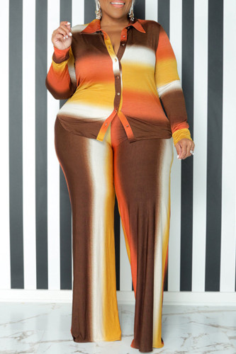 Brown Casual Gradient Color Buckle Patchwork Turndown Collar Plus Size Two Pieces
