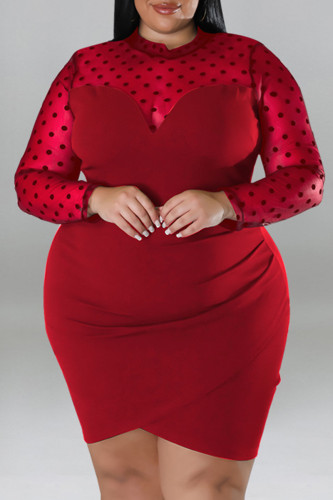 Red Casual Polka Dot Patchwork See-Through Zipper O Neck Wrapped Skirt Plus Size Dresses