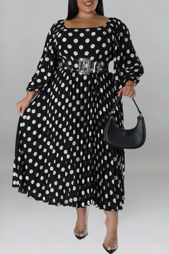 Black Casual Polka Dot Patchwork Backless With Belt Square Neck Long Plus Size Dresses