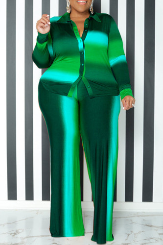 Green Casual Gradient Color Buckle Patchwork Turndown Collar Plus Size Two Pieces
