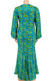 Black Casual Print Patchwork V Neck Long Plus Size Dresses