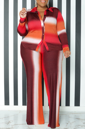 Red Casual Gradient Color Buckle Patchwork Turndown Collar Plus Size Two Pieces