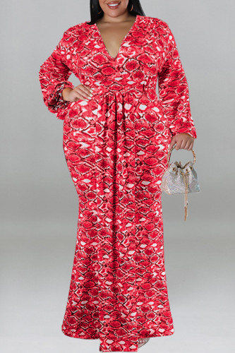 Red Casual Print Patchwork V Neck Long Plus Size Dresses