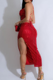 White Sexy Solid Color Sequins Patchwork Backless High Slit Spaghetti Strap Two Pieces