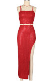 White Sexy Solid Color Sequins Patchwork Backless High Slit Spaghetti Strap Two Pieces