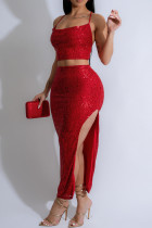 Red Sexy Solid Color Sequins Patchwork Backless High Slit Spaghetti Strap Two Pieces