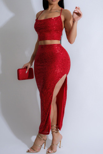 Red Sexy Solid Color Sequins Patchwork Backless High Slit Spaghetti Strap Two Pieces