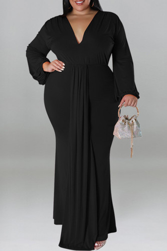 Black Casual Solid Color Patchwork Ruched V Neck Long Plus Size Dresses