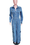 Blue Casual Solid Color Pocket Buckle Patchwork Turndown Collar Long Sleeve Regular Denim Jumpsuits