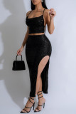 White Sexy Solid Color Sequins Patchwork Backless High Slit Spaghetti Strap Two Pieces