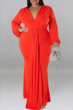 Black Casual Solid Color Patchwork Ruched V Neck Long Plus Size Dresses