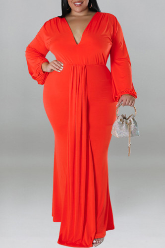 Tangerine Red Casual Solid Color Patchwork Ruched V Neck Long Plus Size Dresses