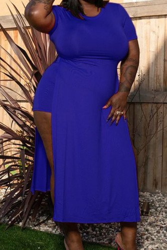 Blue Casual Solid Color Patchwork Slit O Neck Plus Size Two Pieces