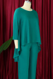 Malachite Green Casual Solid Color Patchwork O Neck Tops