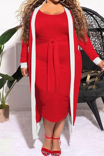 Red Casual Strap Design Contrast O Neck Long Plus Size Two Pieces