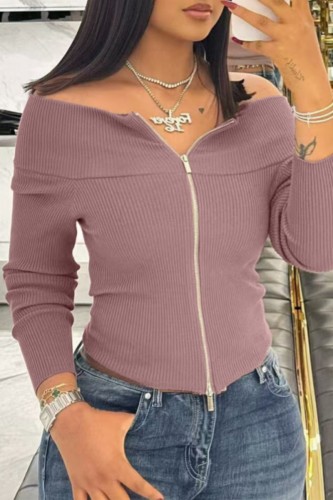 Pink Casual Solid Color Zipper Off Shoulder Tops