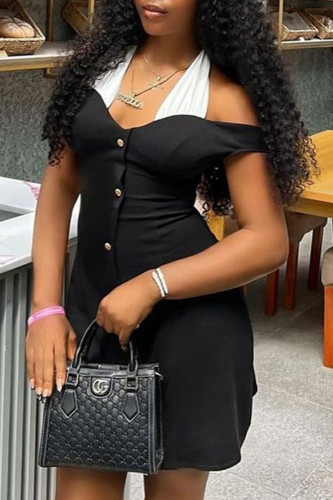 Black White Sexy Buttons Patchwork Backless Contrast Halter Wrapped Skirt Dresses