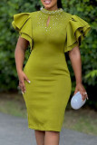 Green Elegant Solid Color Patchwork Pearls Decor O Neck Wrapped Skirt Dresses