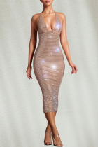 Apricot Sexy Solid Color Backless Slit Hot Drill Spaghetti Strap Long Dresses