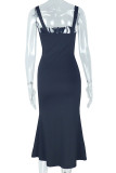 Black Elegant Solid Color Patchwork Backless Sling Dresses
