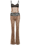 Dark Brown Casual Leopard Print Lace Patchwork Backless Spaghetti Strap Two Pieces