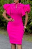 Green Elegant Solid Color Patchwork Pearls Decor O Neck Wrapped Skirt Dresses